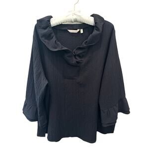 SOFT SURROUNDINGS | Black Textured Ruffle Neck Blouse Top 3/4 Sleeve | 1X